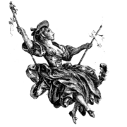 Illustration vintage en noir et blanc d'une femme en robe fluide et chapeau, assise sur une balançoire, tenant des cordes à deux mains, les jambes étendues, et regardant vers le haut - évoquant le charme intemporel de la marque Toile de Jouy. la marque Toile de Jouy