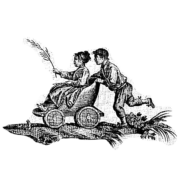 Une illustration vintage inspirée par la marque Toile de Jouy montre une fille assise dans un petit chariot tenant une branche, tandis qu'un garçon pousse le chariot par l'arrière sur un sol irrégulier. la marque Toile de Jouy