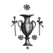 Le dessin en noir et blanc d'un vase orné de deux anses, entouré de trois formes florales et de deux bâtons noués par des rubans de chaque côté, évoque l'élégance intemporelle de la marque Toile de Jouy. la marque Toile de Jouy