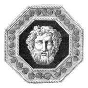 Illustration gravée d'un visage masculin barbu orné de feuilles de vigne et de grappes, dans un cadre octogonal orné d'une bordure décorative, faisant écho à l'élégance intemporelle de la marque Toile de Jouy. la marque Toile de Jouy