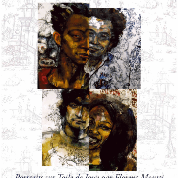 L'affiche de l'exposition "XCOMM_LA GRANDE AVENTURE DE LA TOILE DE JOUY" présente un texte coloré "Tous Français, tous différents" au-dessus de quatre portraits divers, d'un arrière-plan de bâtiment esquissé et d'informations en gras sur l'exposition en français : "Journal d'exposition, Musée de la Toile de Jouy. la marque Toile de Jouy