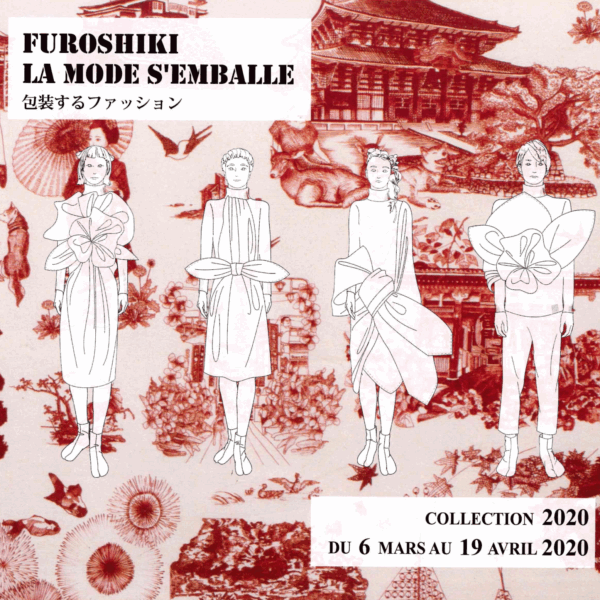 Illustration de quatre personnages en tenue moderne furoshiki sur fond de toile rouge avec pagodes. Français et Japonais annoncent l'exposition de mode de 2020 : XCOMM_LA GRANDE AVENTURE DE LA TOILE DE JOUY. la marque Toile de Jouy