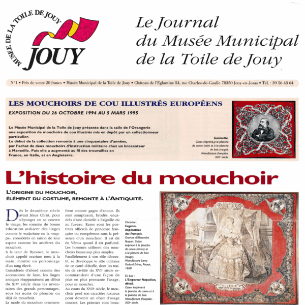 Première page du XCOMM_JOURNAL MOUCHOIS DE COU ILLUSTRES, avec le logo du musée, des informations sur l'événement, des notes historiques sur les mouchoirs et une illustration détaillée de deux personnages en tenue d'époque. la marque Toile de Jouy