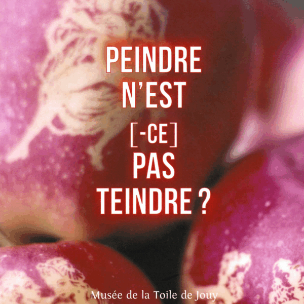 Gros plan d'un navet violet et blanc avec une scène classique décolorée sur sa surface. Texte français en blanc superposé : "Peindre n'est (-ce) pas teindre ? Nom du produit "XCOMM_PEINDRE N'EST (-CE) PAS TEINDRE ?" affiché en bas. la marque Toile de Jouy