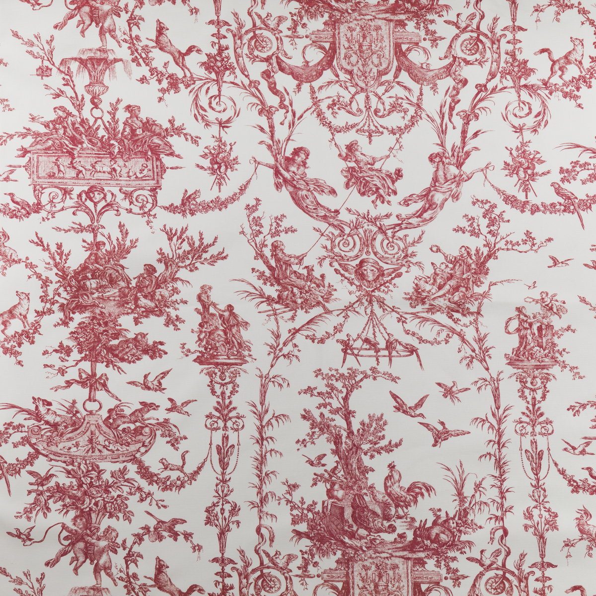 Motif de toile verte sur fond blanc, "TISSU 'LES 4 PARTIES DU MONDE' VERT JUNGLE", présentant des scènes pastorales complexes, des oiseaux, des arbres et des cadres ornés dans un motif répétitif d'inspiration vintage. la marque Toile de Jouy