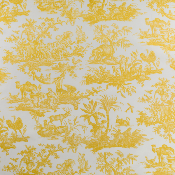 Motif de toile de jungle verte sur fond blanc présentant des scènes rurales avec des personnes, des animaux, des arbres et des feuillages dans un style détaillé et vintage. Les illustrations complexes sont régulièrement espacées sur le tissu TISSU "LES 4 PARTIES DU MONDE" VERT JUNGLE. la marque Toile de Jouy