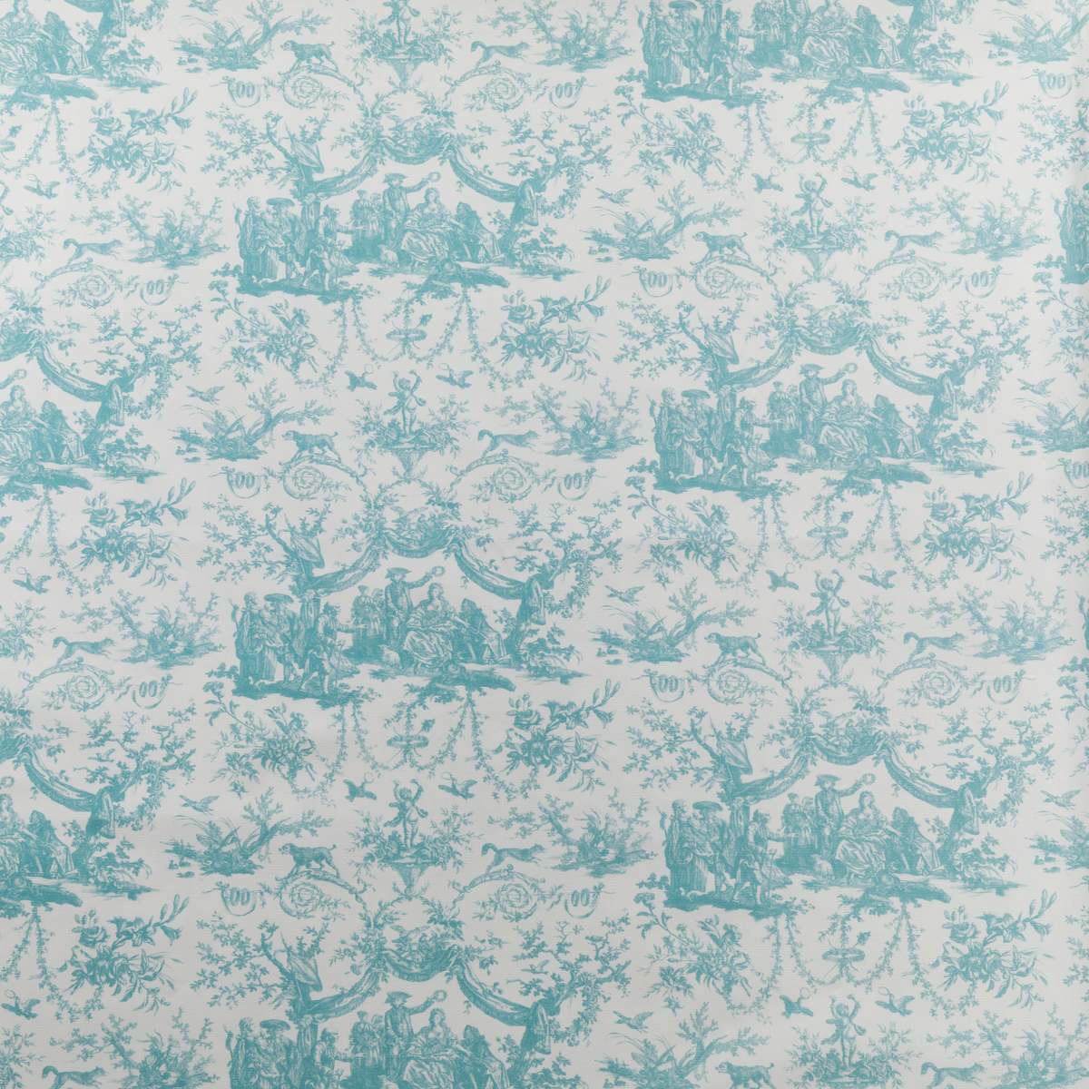 TISSU "LES 4 PARTIES DU MONDE" VERT JUNGLE présente un motif détaillé de toile de Jouy vert jungle avec des scènes pastorales répétées de personnes, d'arbres et de cadres ornés sur un fond blanc pour un aspect vintage. la marque Toile de Jouy