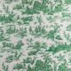 TISSU "LES 4 PARTIES DU MONDE" VERT JUNGLE : toile verte et blanche avec des scènes pastorales de personnes, d'animaux, d'arbres et de paysages de campagne dans un motif décoratif répétitif. la marque Toile de Jouy
