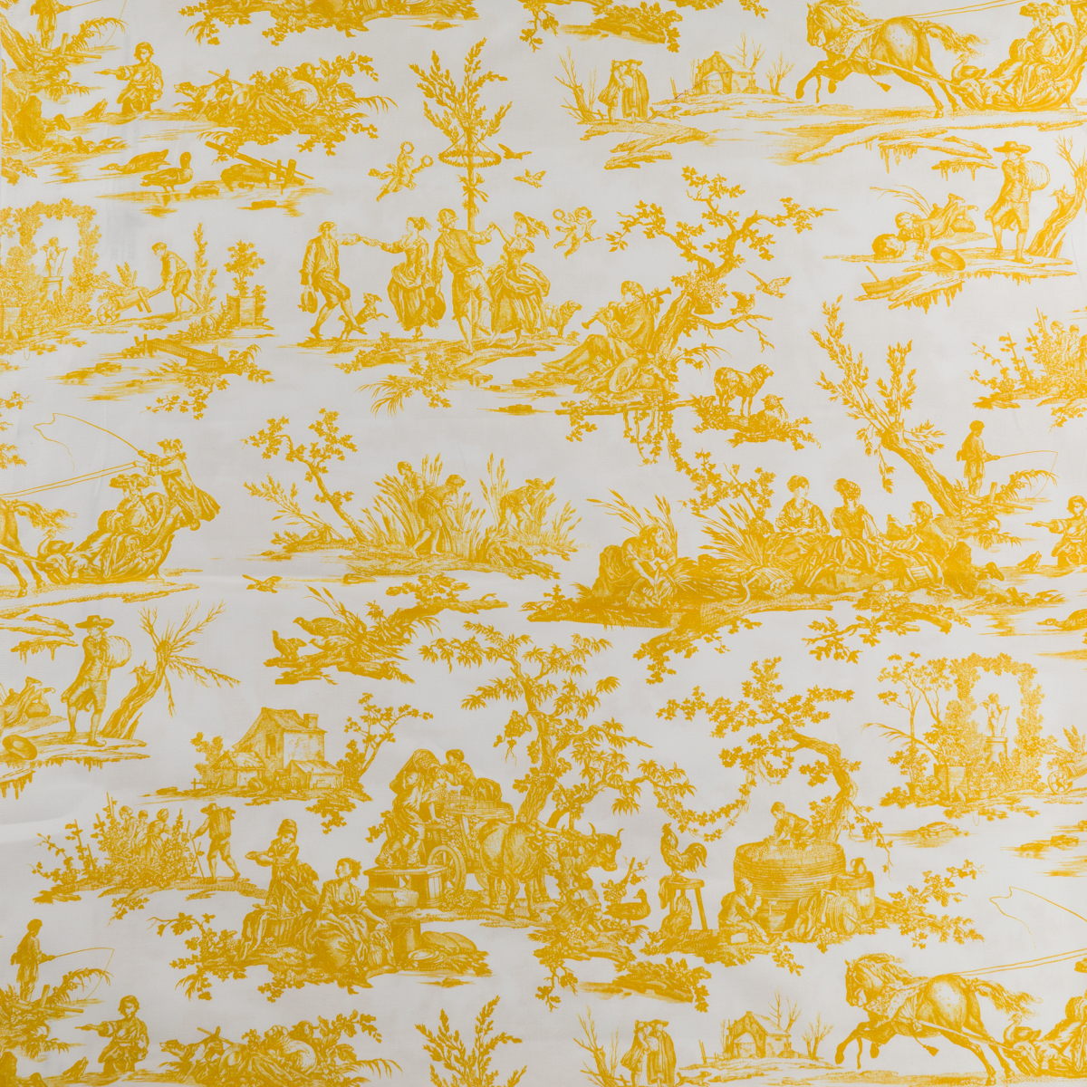 Le TISSU "LES 4 PARTIES DU MONDE" VERT JUNGLE présente des scènes pastorales vertes complexes avec des personnes, des animaux et des arbres sur un fond blanc, représentant des personnages dans diverses activités agricoles et champêtres. la marque Toile de Jouy