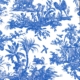 XCOMM_TETE A TETE 4 PARTIES BLEU présente un motif de toile bleue et blanche avec des personnages, des chérubins, des animaux, des oiseaux et des plantes dans des scènes vintage détaillées pour un look pastoral classique et élégant. la marque Toile de Jouy