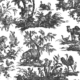 La XCOMM_TETE A TETE 4 PARTIES BLEU présente une élégante toile bleue avec des animaux exotiques - éléphants, chameaux, autruches, cygnes et coqs - ainsi que des personnes en costume historique au milieu d'arbres et de feuillages pittoresques. la marque Toile de Jouy