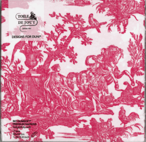 Serviette de table nommée XCOMM_SERVIETTES 33X33 4 PARTIES BLEU, représentant une toile de Jouy bleue avec des personnages, des animaux, des feuillages et des détails ornementaux. Texte "TOILE DE JOUY" et "DESSINS POUR DUNI" inclus. la marque Toile de Jouy
