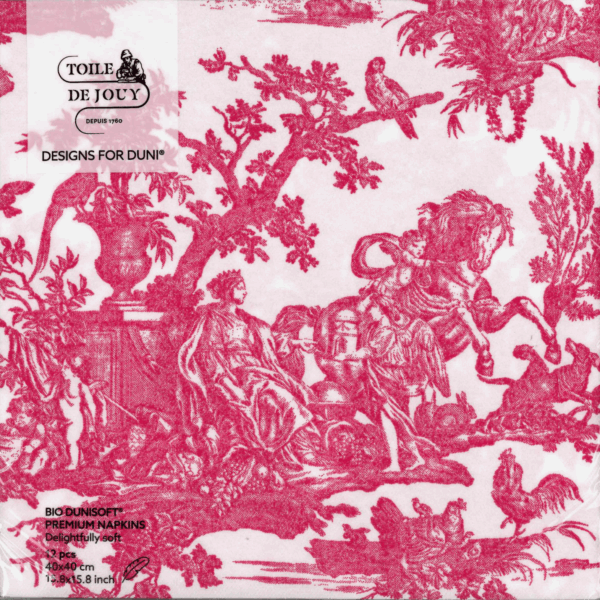 Serviette de table nommée XCOMM_SERVIETTES 33X33 4 PARTIES BLEU, représentant une toile de Jouy bleue avec des personnages, des animaux, des feuillages et des détails ornementaux. Texte "TOILE DE JOUY" et "DESSINS POUR DUNI" inclus. la marque Toile de Jouy