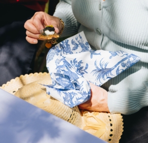 Une personne en gilet bleu clair tient sur ses genoux des serviettes SERVIETTES 33X33 "LES 4 PARTIES DU MONDE" BLEU DIRECTOIRE et un chapeau de paille, tout en dégustant un petit en-cas avec des herbes et de la crème à la main. la marque Toile de Jouy