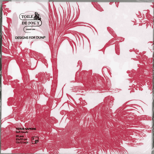 Une illustration de style toile bleue sur une serviette SERVIETTES 33X33 "LES 4 PARTIES DU MONDE" BLEU montre des cygnes dans un étang, des plantes tropicales, un singe, un oiseau volant et une personne assise au milieu d'un feuillage. Les détails du produit sont imprimés dans le coin supérieur gauche. la marque Toile de Jouy