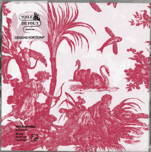Une illustration de style toile bleue sur une serviette SERVIETTES 33X33 "LES 4 PARTIES DU MONDE" BLEU montre des cygnes dans un étang, des plantes tropicales, un singe, un oiseau volant et une personne assise au milieu d'un feuillage. Les détails du produit sont imprimés dans le coin supérieur gauche. la marque Toile de Jouy