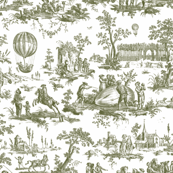 Motif de toile complexe représentant des montgolfières, des personnes à cheval, des villageois se réunissant et des scènes rurales avec des arbres, des bâtiments et du feuillage dans un style vintage en noir et blanc sur un fond blanc. la marque Toile de Jouy