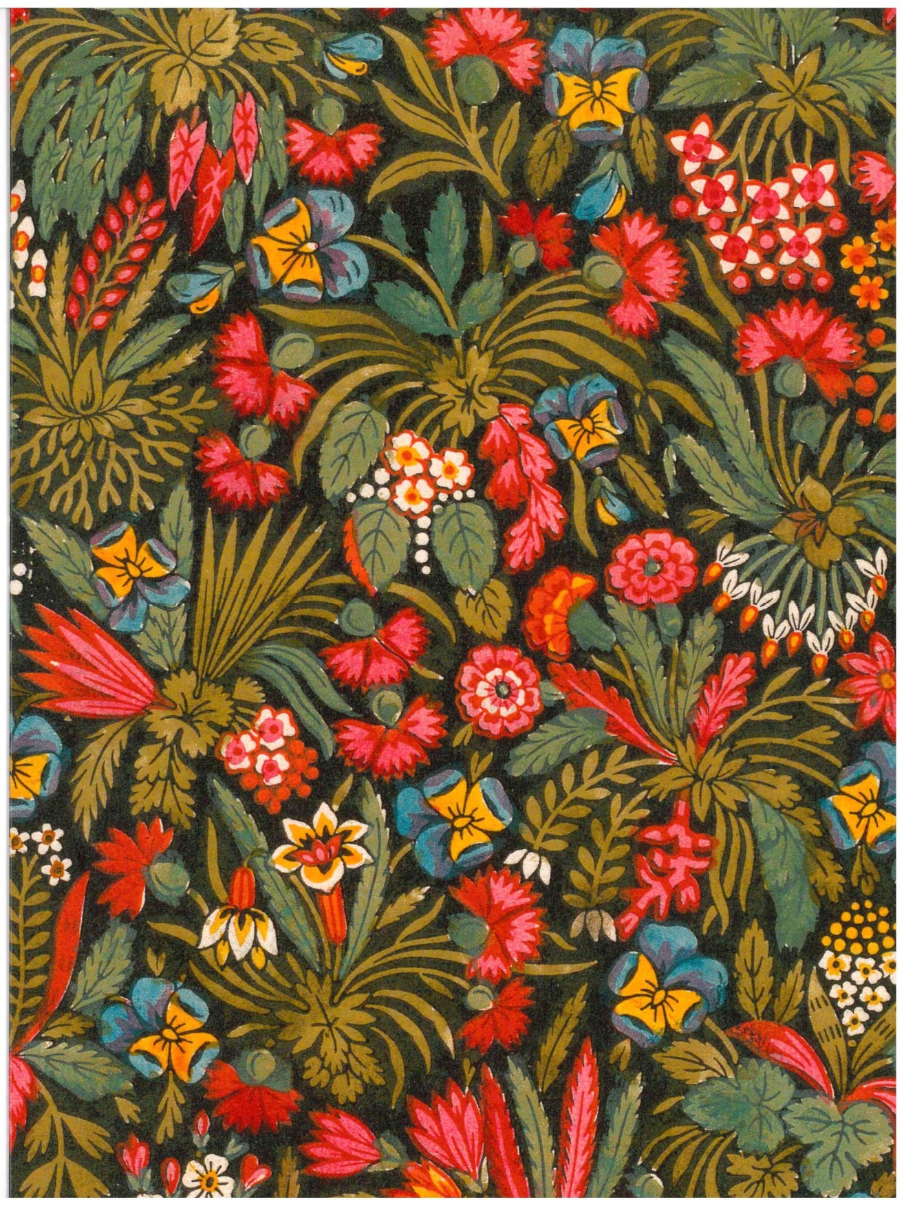 Le XCOMM_CARNET A5 BLEUETS présente un motif floral vibrant, dessiné à la main, avec des fleurs rouges, roses, jaunes, blanches et bleues et un feuillage vert sur un fond sombre. la marque Toile de Jouy