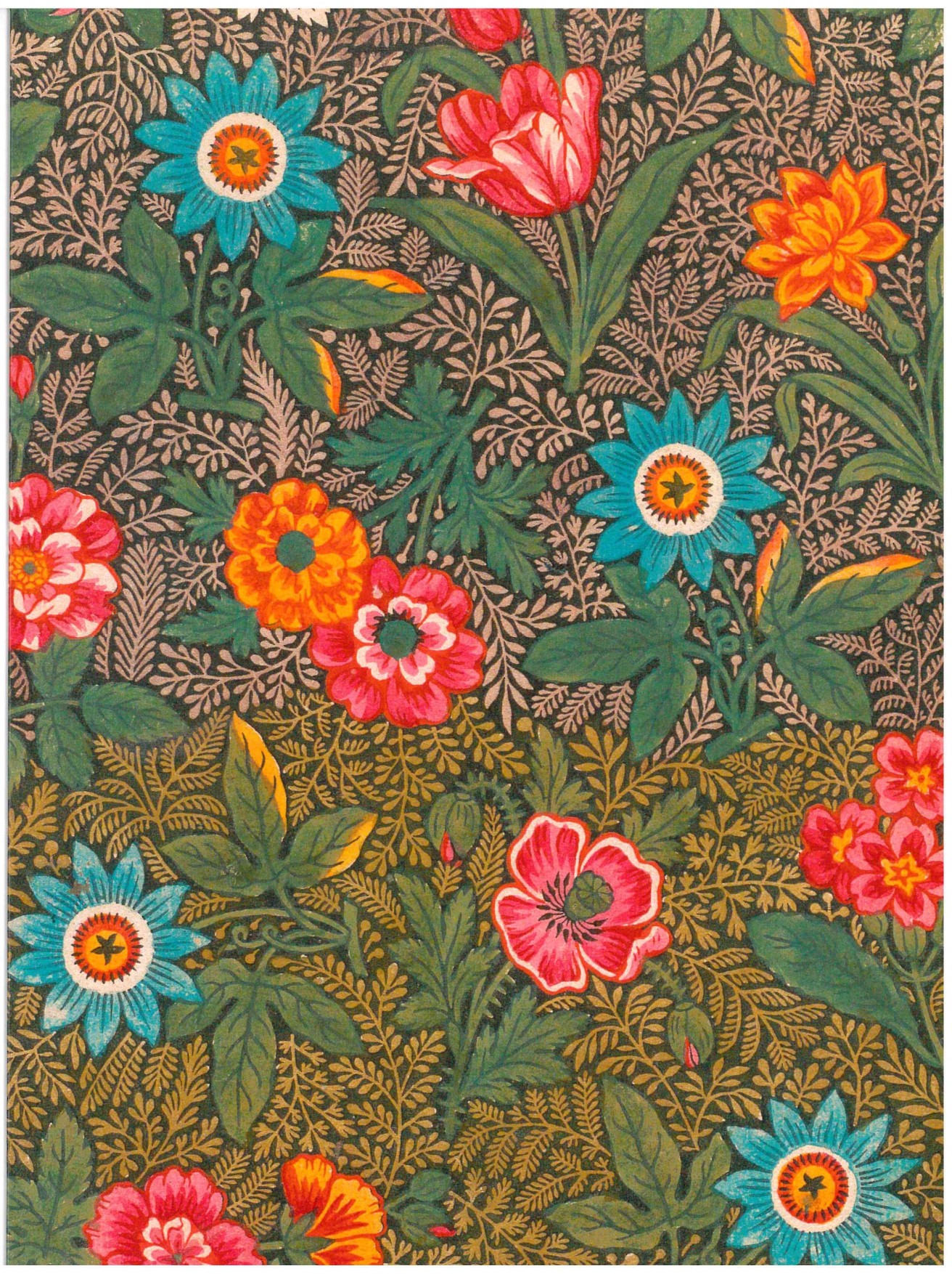 Le XCOMM_CARNET A5 BLEUETS présente un motif floral dense et coloré avec des fleurs rouges, orange, bleues et roses ainsi qu'un feuillage vert sur un fond sombre, évoquant des illustrations botaniques vintage. la marque Toile de Jouy