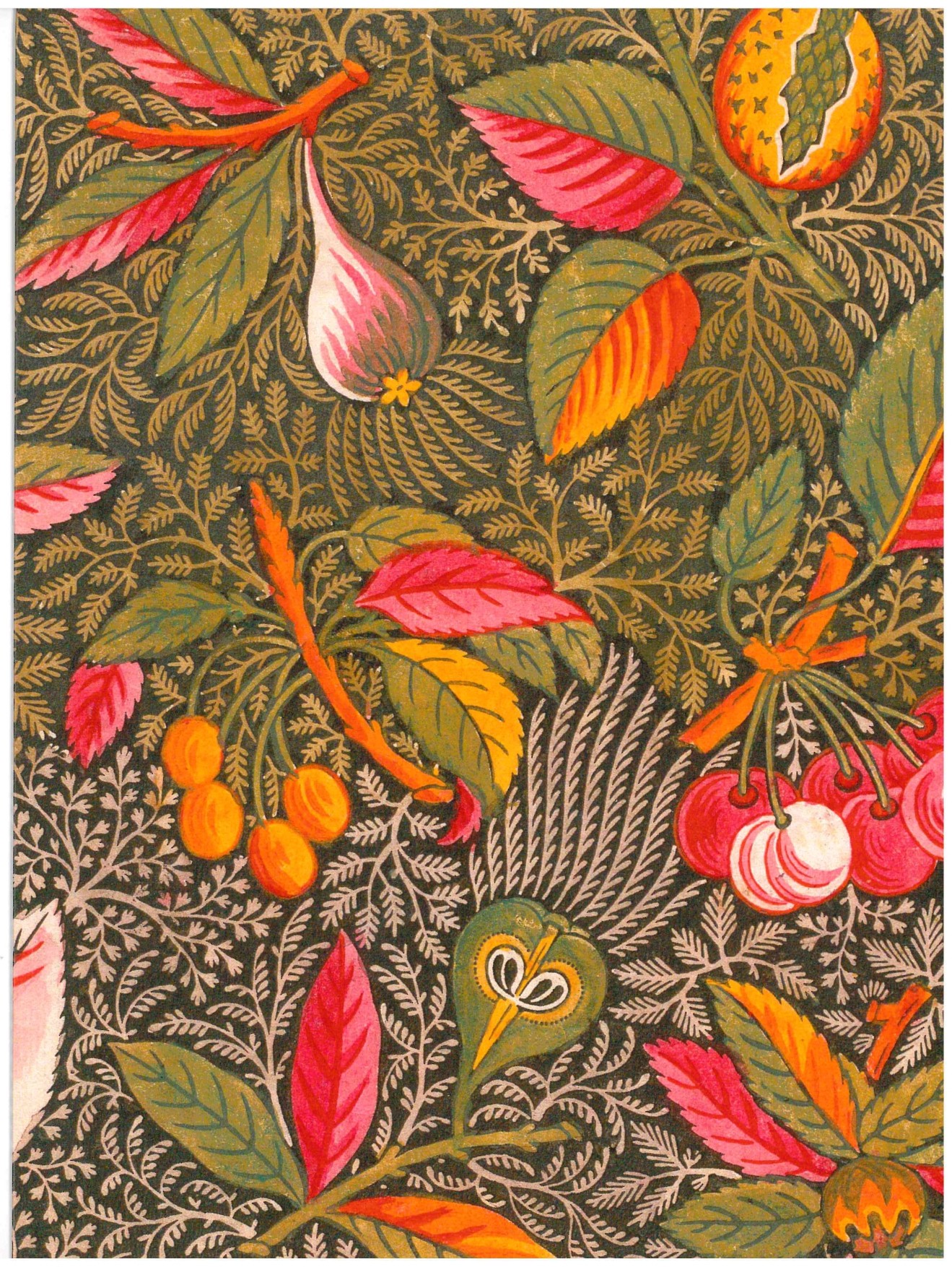 Le XCOMM_CARNET A5 BLEUETS présente un motif floral complexe composé de feuilles, de fruits et de fleurs stylisés de couleur verte, rouge, jaune et orange sur un fond sombre au feuillage tourbillonnant. la marque Toile de Jouy