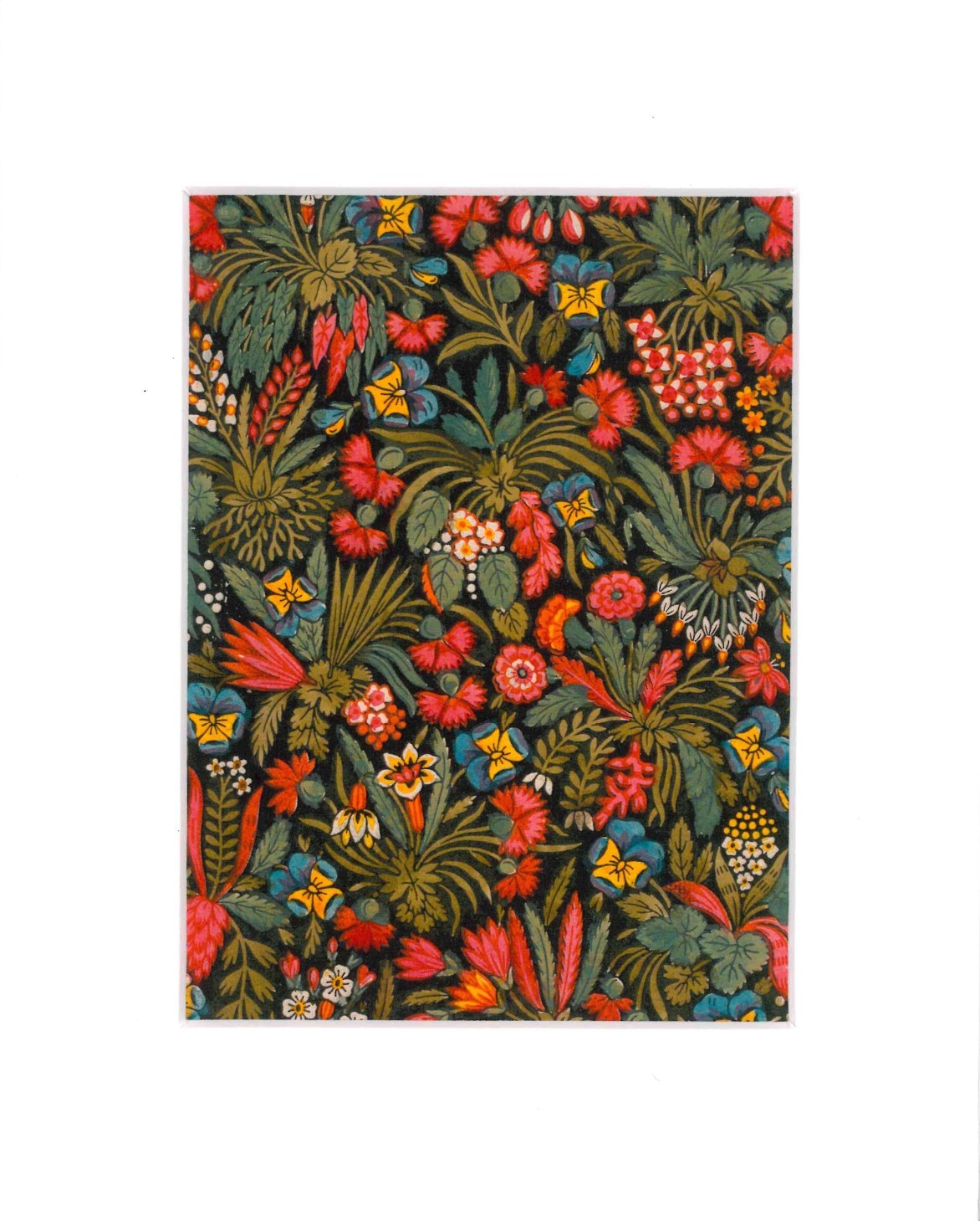 Le XCOMM_CARNET A5 BLEUETS présente un motif floral vivant avec des fleurs rouges, jaunes, bleues et orange parmi des feuilles vertes sur un fond sombre pour un look botanique riche. la marque Toile de Jouy
