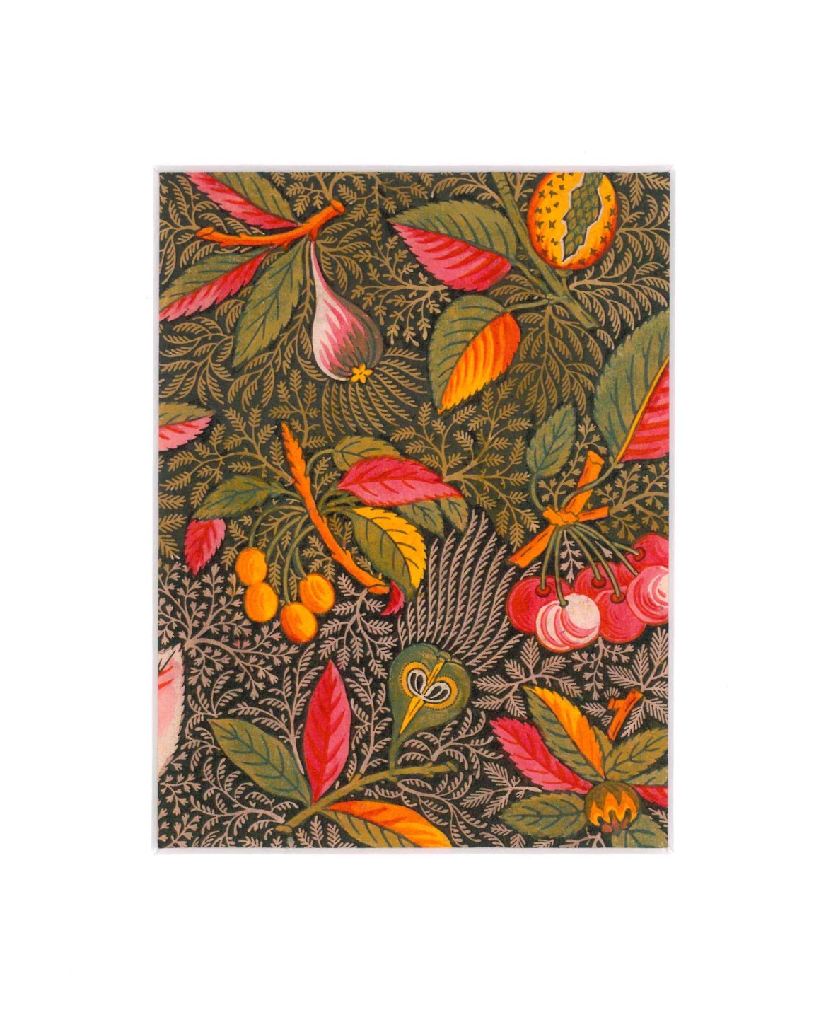 Le XCOMM_CARNET A5 BLEUETS présente une illustration botanique détaillée avec un feuillage vert luxuriant, des feuilles rouge et orange vibrantes, des fruits jaunes et roses et des branches entrelacées sur un fond sombre. la marque Toile de Jouy