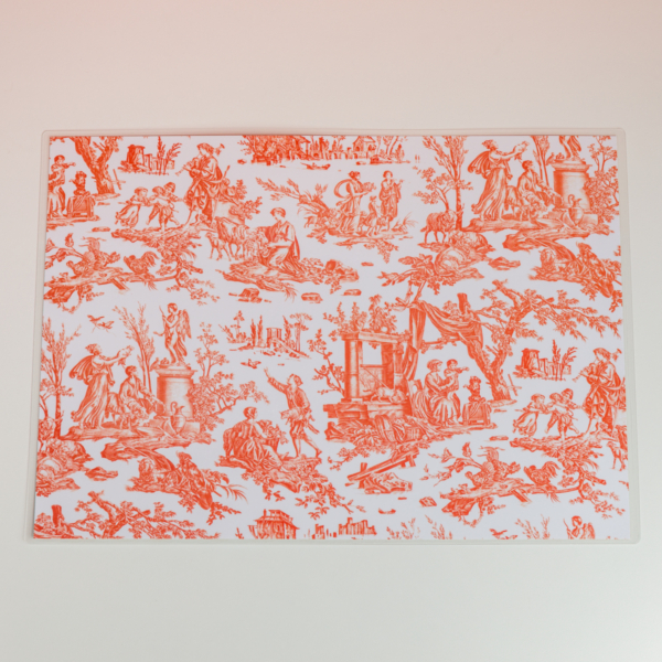 Un set de table rectangulaire nommé XCOMM_SET DE TABLE /2 FLEURS STYLISEES MANDARINE, avec un fond blanc et des motifs floraux stylisés de couleur mandarine. la marque Toile de Jouy