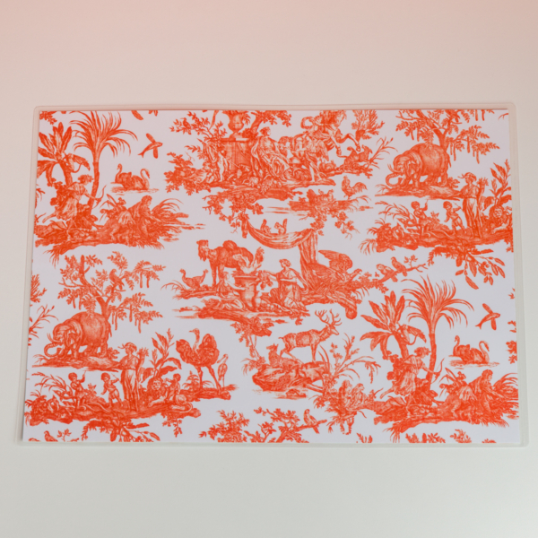 Un set de table rectangulaire appelé XCOMM_SET DE TABLE /2 FLEURS STYLISEES MANDARINE, présentant des motifs floraux stylisés de mandarines. la marque Toile de Jouy