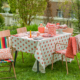 Une table de jardin est dressée pour un repas avec la nappe XCOMM_NAPPE FLORAL MANDARINE 180X180, entourée de quatre chaises colorées sur de l'herbe verte, avec des plantes et des arbres en arrière-plan. Des assiettes, des serviettes, une carafe et des tasses assorties sont posées sur la table. la marque Toile de Jouy