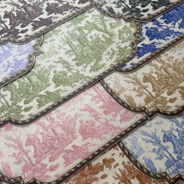 image4 Feuilles de papier à motifs superposées avec des scènes pastorales complexes de différentes couleurs, notamment vertes, bleues, rouges, brunes et noires, encadrées par des bordures ornées. Les motifs représentent des personnes, des arbres et des animaux. la marque Toile de Jouy