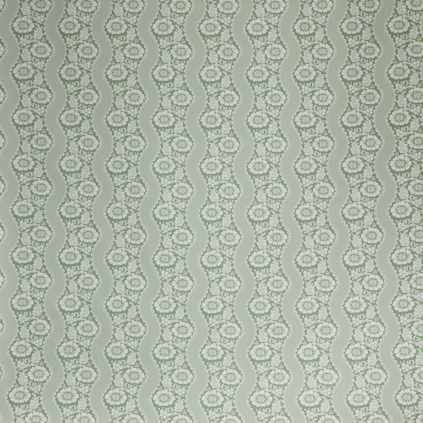 Le modèle XCOMM_TISSU FLEURS SAUGE 1M/150L se caractérise par un motif vert clair composé d'un motif répétitif de lignes ondulées et de petits motifs floraux disposés en rangées, créant ainsi un style vintage et décoratif. la marque Toile de Jouy