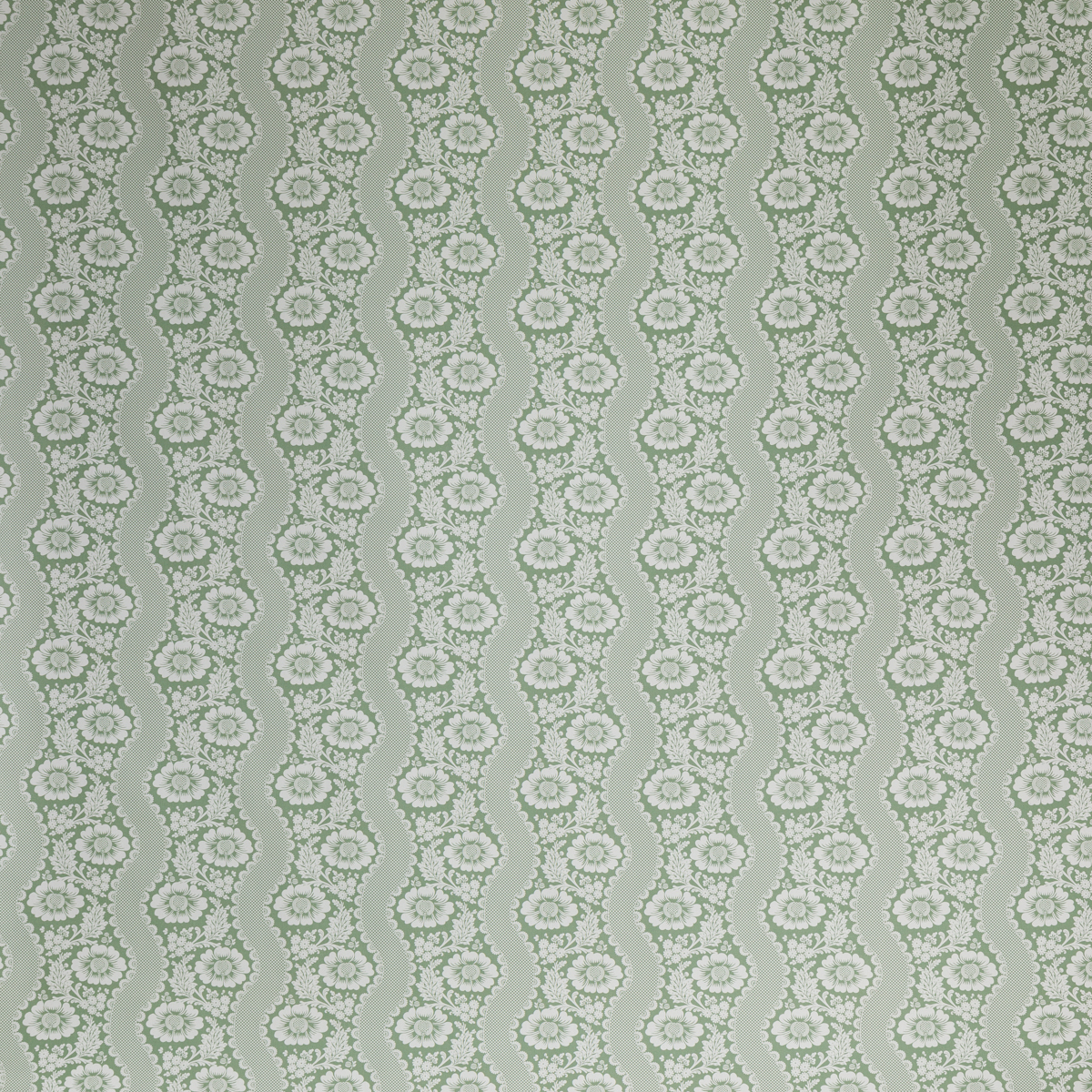 Le modèle XCOMM_TISSU FLEURS SAUGE 1M/150L se caractérise par un motif vert clair composé d'un motif répétitif de lignes ondulées et de petits motifs floraux disposés en rangées, créant ainsi un style vintage et décoratif. la marque Toile de Jouy