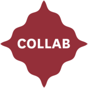 Une forme d'étoile symétrique de couleur bordeaux avec le mot "COLLAB" en lettres capitales blanches et grasses centré sur elle. Le fond est gris clair. la marque Toile de Jouy