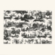 Motif de toile illustré en noir et blanc, intitulé « XCOMM_PASSE PARTOUT LES TRAVAUX DE LA MANUFACTURE », représentant des personnes construisant des maisons, utilisant des outils et effectuant des travaux de construction dans un paysage rural parsemé d'arbres et de petits bâtiments. la marque Toile de Jouy