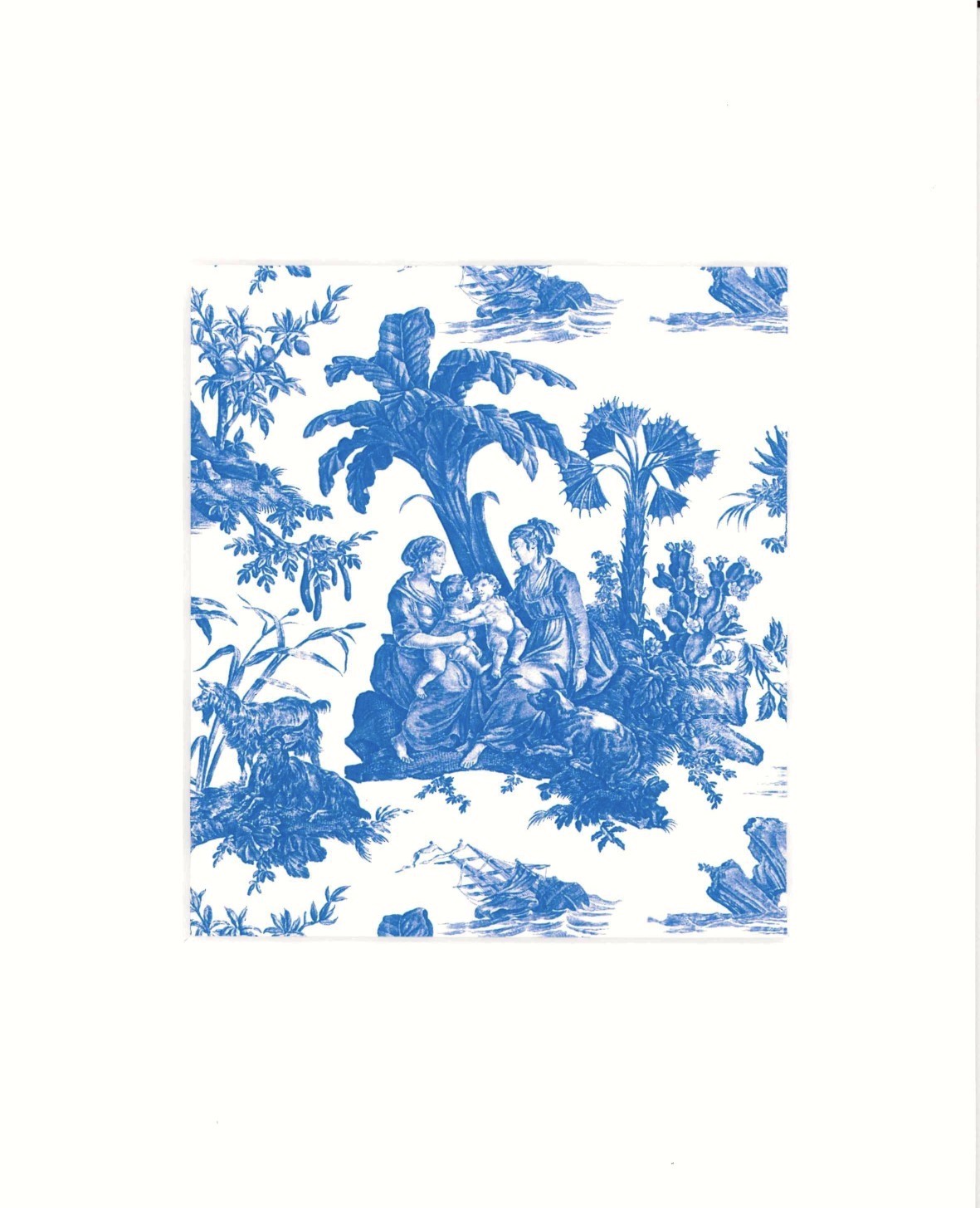 Illustration bleue et blanche tirée de XCOMM_PASSE PARTOUT PAUL & VIRGINIE représentant deux femmes assises sous des arbres avec des enfants, entourées de plantes tropicales et d'un feuillage très détaillé, dans une scène pastorale. la marque Toile de Jouy