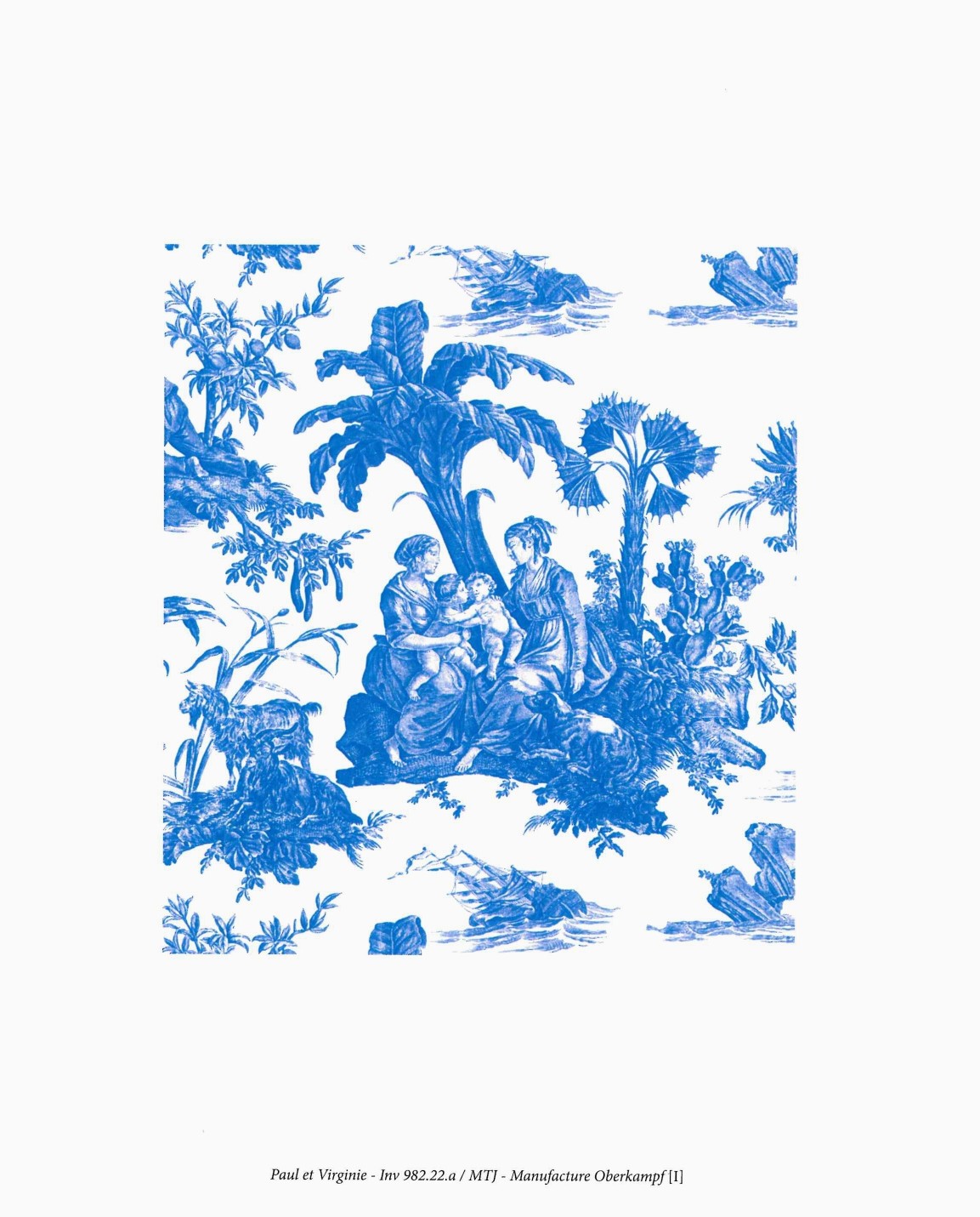 Le modèle XCOMM_PASSE PARTOUT MAGASIN DE LA MANUFACTURE présente un motif bleu et blanc représentant des personnes assises et en train d'interagir au milieu d'arbres et de plantes tropicales, inspiré de scènes classiques, avec des détails minutieux répartis sur l'ensemble du motif. la marque Toile de Jouy