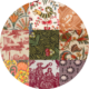 Collage circulaire de neuf motifs de tissu vintage, chacun présentant des motifs floraux, botaniques, géométriques ou scéniques distincts dans des couleurs variées telles que les rouges, les verts, les jaunes et les crèmes. la marque Toile de Jouy