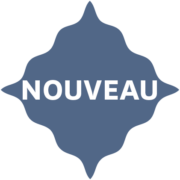 Une forme bleue, symétrique et décorative avec le mot "NOUVEAU" en lettres blanches grasses au centre. la marque Toile de Jouy