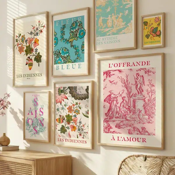 Gallery-Wall_Toile-de-Jouy_81a986de-ff22-4040-a4a0-0283f5d12b59 Un mur composé de sept reproductions encadrées d'œuvres d'art botaniques et néoclassiques, accompagnées de textes en français, accrochées au-dessus d'un meuble en bois. la marque Toile de Jouy